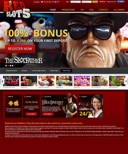 Screenshot of RedSlots Casino lobby showing slots, table games, and live casino options