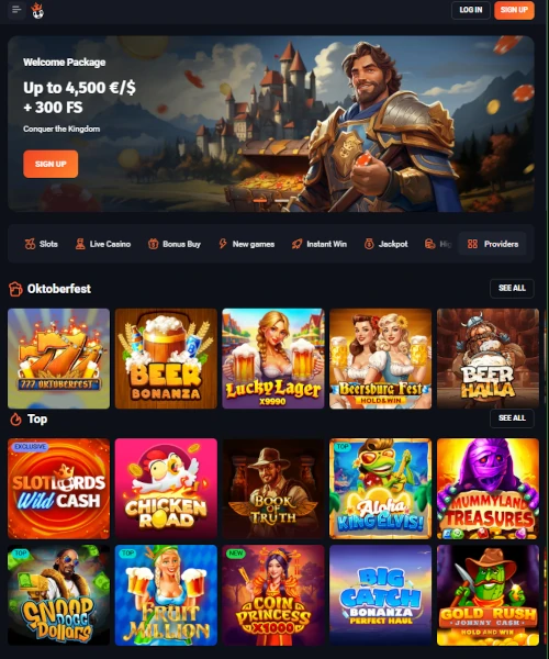 Screenshot of SlotLords Casino lobby showing slots, table games, and live casino options