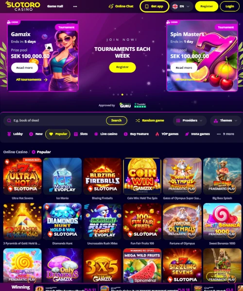 Screenshot of Slotoro Casino lobby showing slots, table games, and live casino options