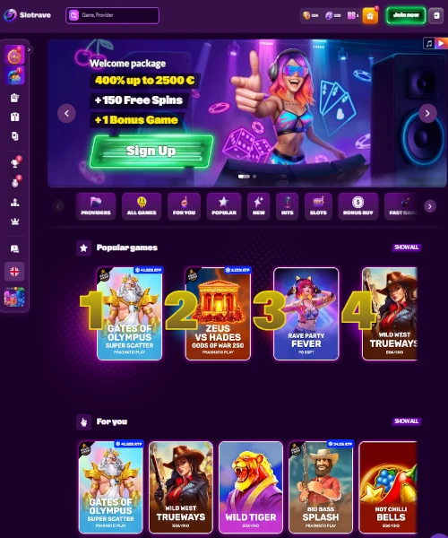 Screenshot of Slotrave Casino lobby showing slots, table games, and live casino options