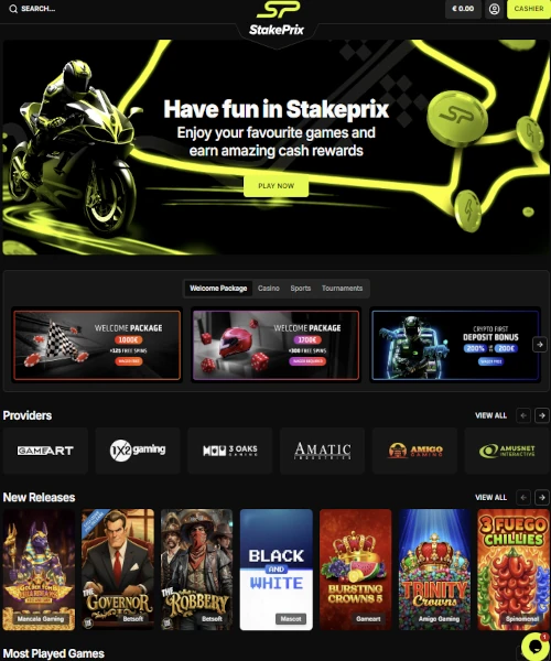 Screenshot of StakePrix Casino lobby showing slots, table games, and live casino options