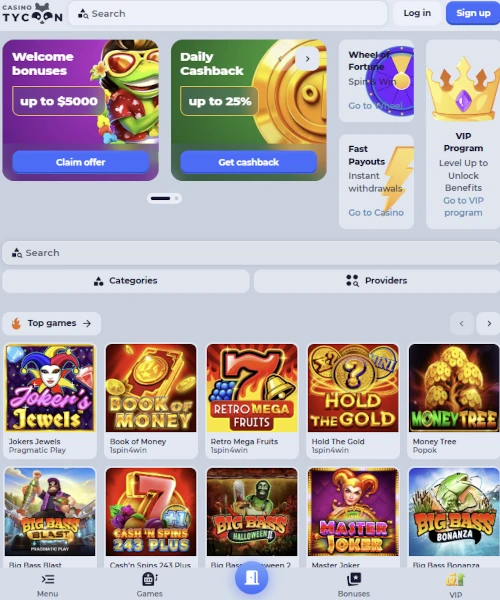 Screenshot of Tycoon Casino lobby showing slots, table games, and live casino options