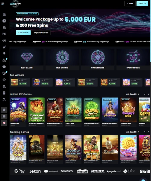 Screenshot of WinSpin Casino lobby showing slots, table games, and live casino options