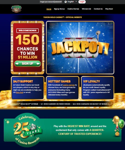 Screenshot of Yukon Gold Casino lobby showing slots, table games, and live casino options
