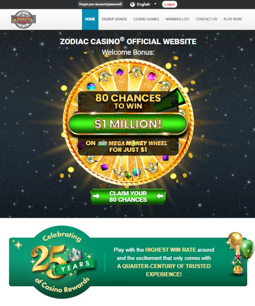 Screenshot of Zodiac Casino lobby showing slots, table games, and live casino options