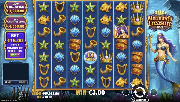 Mermaid's Treasure Trove slot base game grid with underwater theme