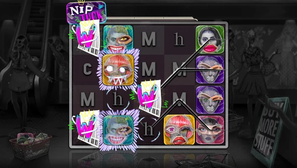 Nip Tuck Slot Base Game by Sneaky Slots Base Game Screenshot of Nip Tuck slot with cosmetic surgery theme and 5 reels